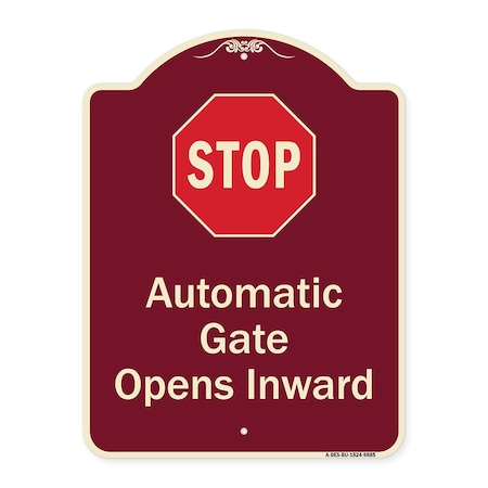 Signmission Designer Series-Stop Automatic Gate Opens Inward With Symbol, 24" x 18", BU-1824-9885 A-DES-BU-1824-9885